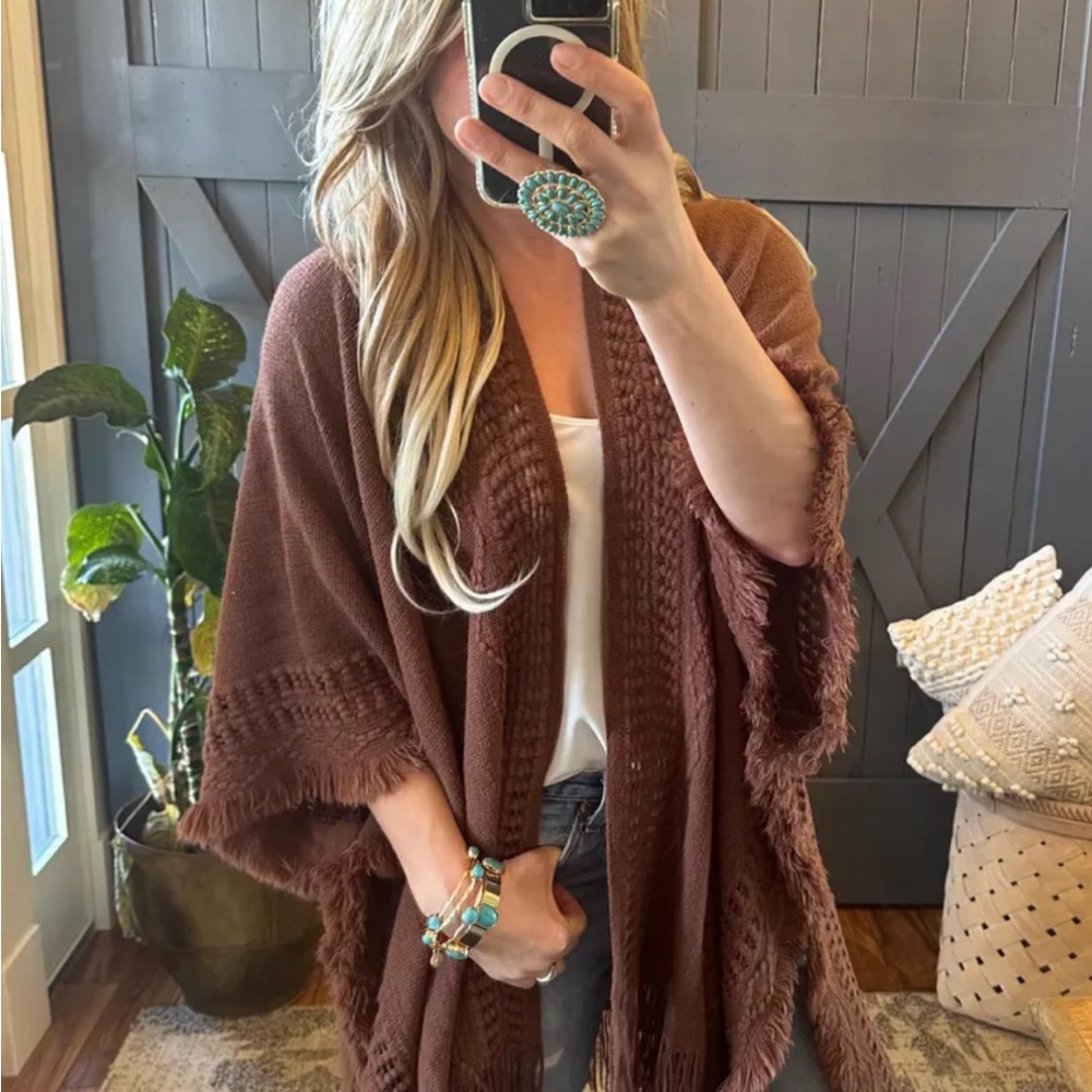 New Bohemian Knit Brown Fringe Poncho Ruana Cardigan Sweater Hippie Top